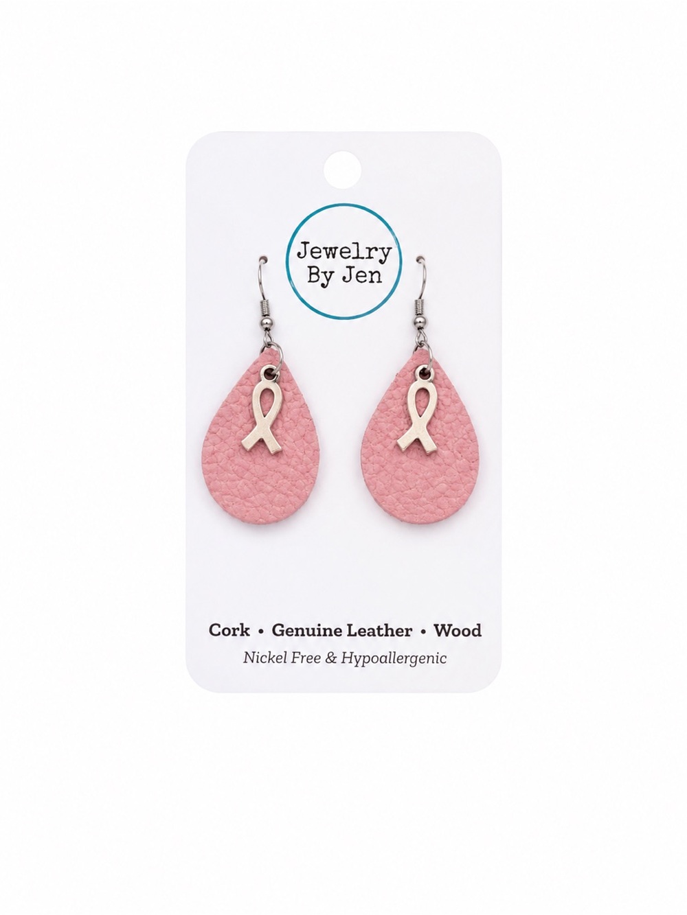 Pink Ribbon Teardrop Leather Earrings